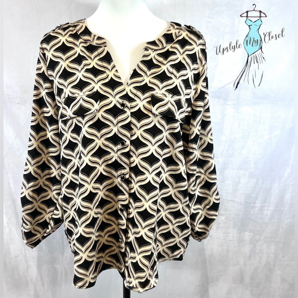 Adrienne Vittadini black mocha black and tan print blouse top size XL NWT